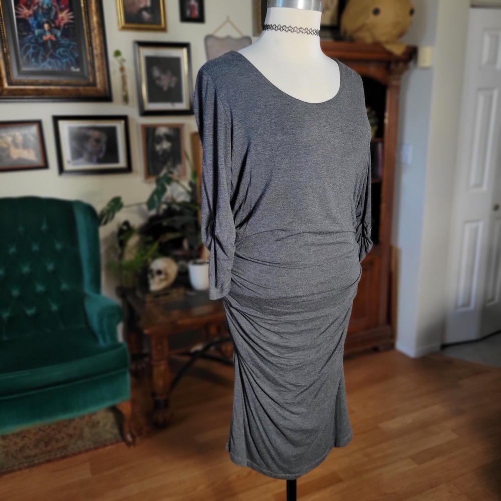 Lyssé Grey‎ Bodycon Dress Ruched Large Modal Stretch Midi Sheath 3/4 Sleeve L